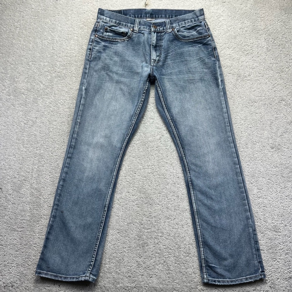 Flypaper Jeans Mens 34x32 (34x31) Blue Straight Leg Faded Distressed Embroidered